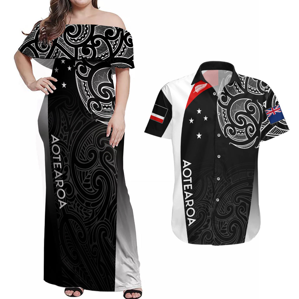 personalised-new-zealand-rugby-couples-matching-off-shoulder-maxi-dress-and-hawaiian-shirt-aotearoa-world-cup-2023-champions