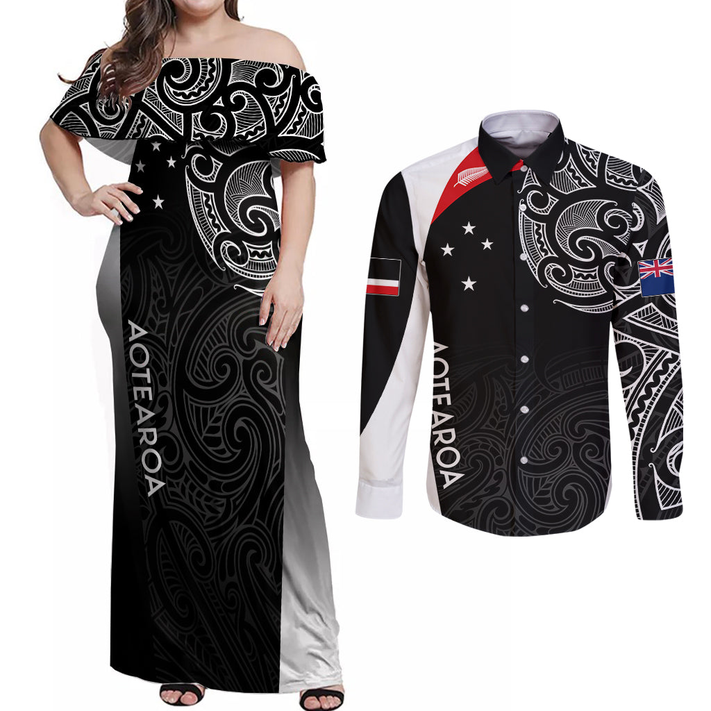 personalised-new-zealand-rugby-couples-matching-off-shoulder-maxi-dress-and-long-sleeve-button-shirts-aotearoa-world-cup-2023-champions