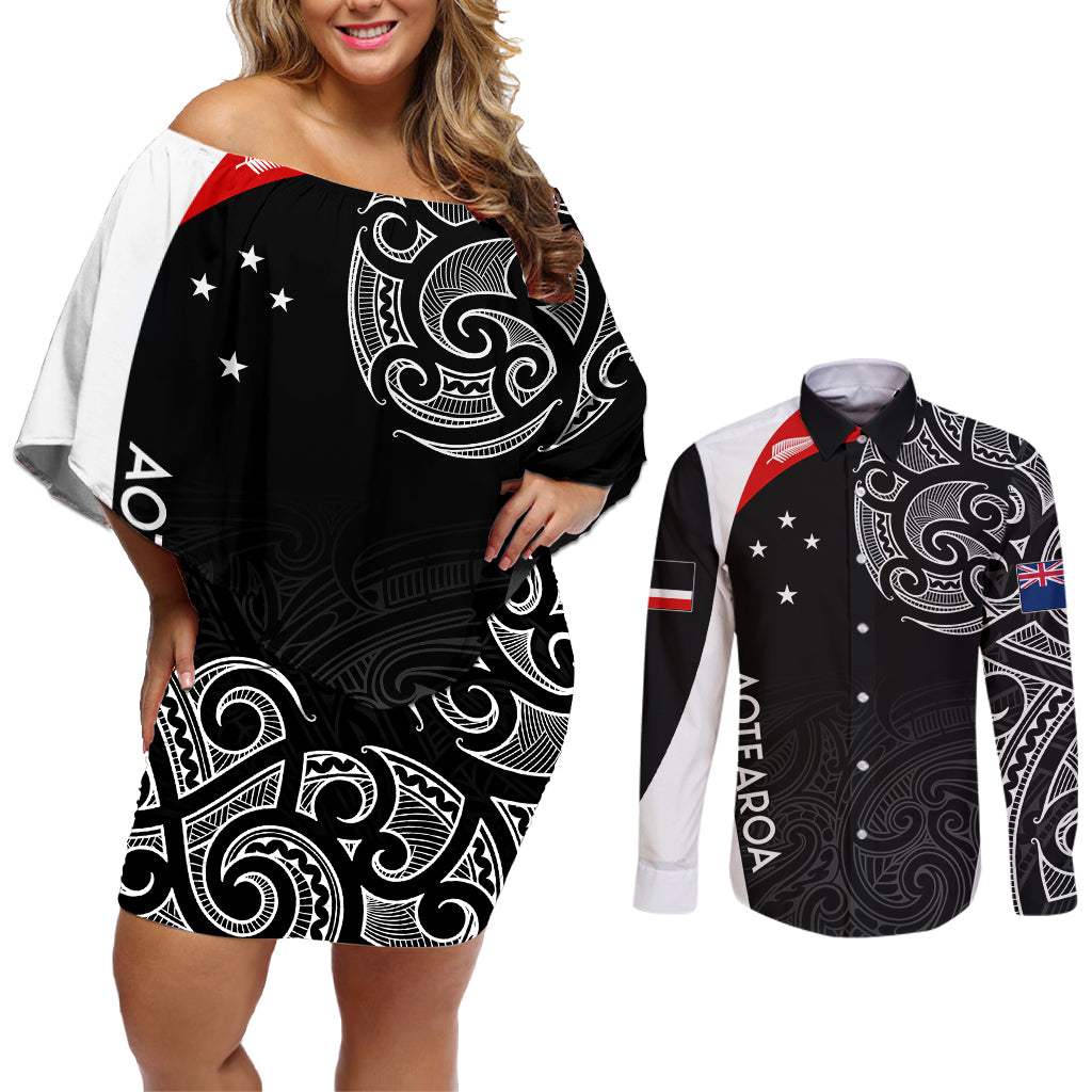 personalised-new-zealand-rugby-couples-matching-off-shoulder-short-dress-and-long-sleeve-button-shirts-aotearoa-world-cup-2023-champions