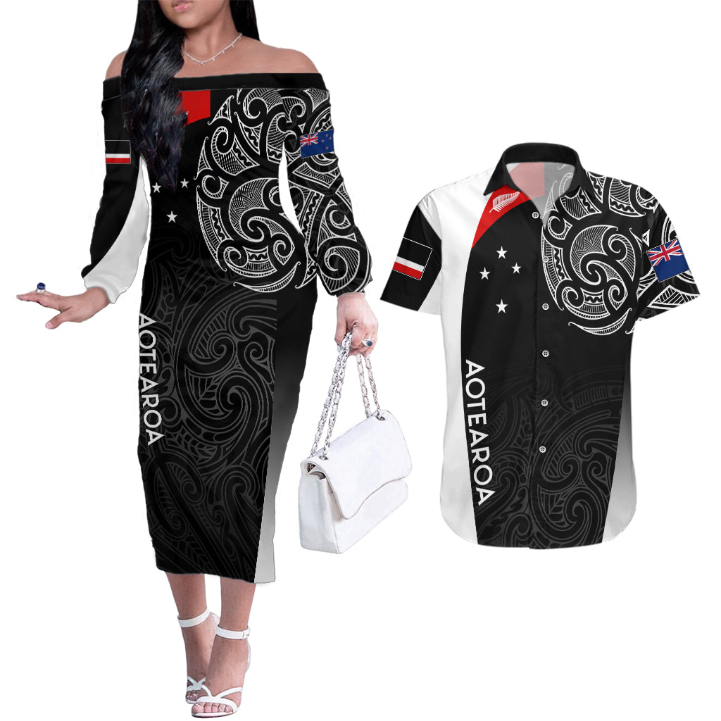personalised-new-zealand-rugby-couples-matching-off-the-shoulder-long-sleeve-dress-and-hawaiian-shirt-aotearoa-world-cup-2023-champions