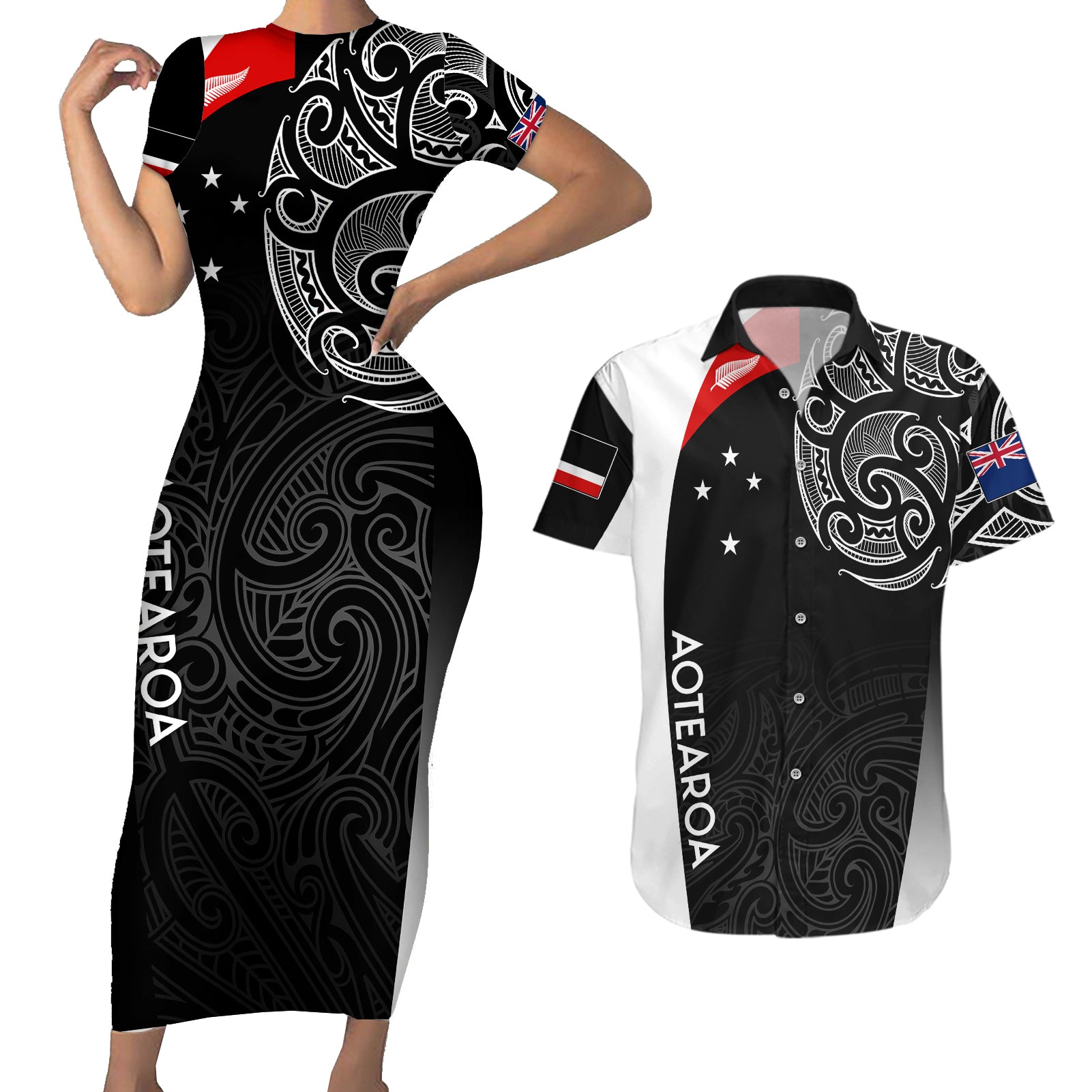 personalised-new-zealand-rugby-couples-matching-short-sleeve-bodycon-dress-and-hawaiian-shirt-aotearoa-world-cup-2023-champions