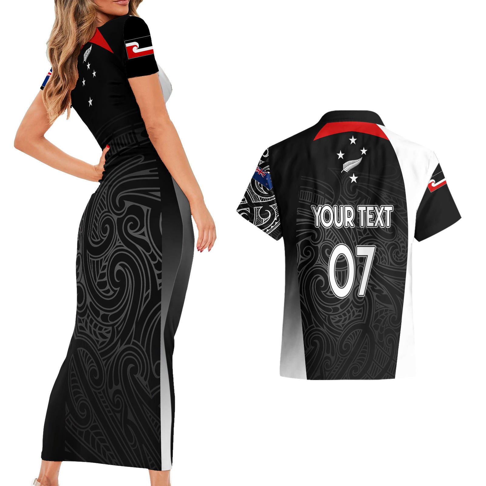 personalised-new-zealand-rugby-couples-matching-short-sleeve-bodycon-dress-and-hawaiian-shirt-aotearoa-world-cup-2023-champions