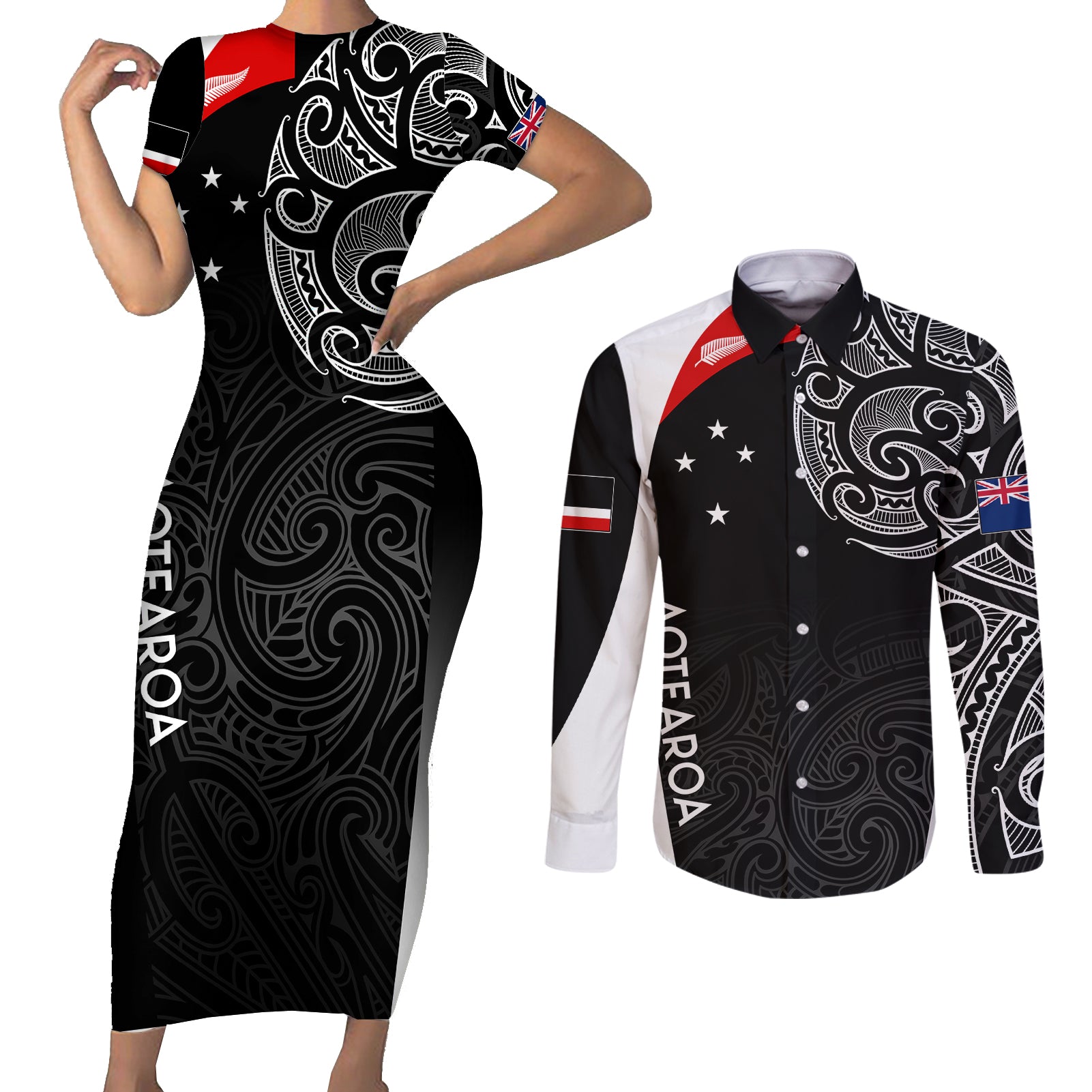 personalised-new-zealand-rugby-couples-matching-short-sleeve-bodycon-dress-and-long-sleeve-button-shirts-aotearoa-world-cup-2023-champions
