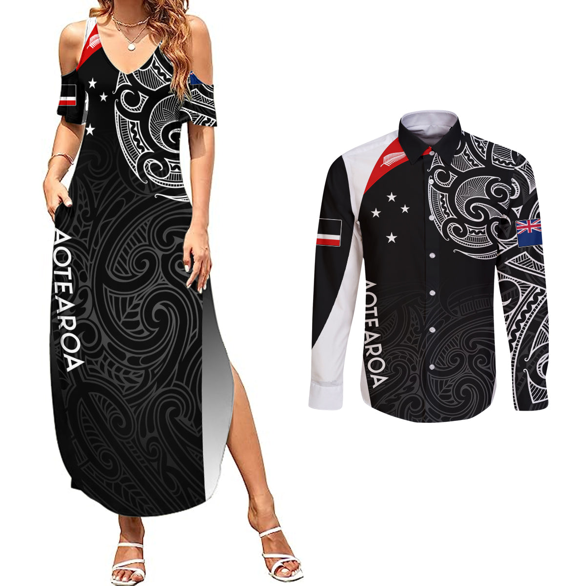 personalised-new-zealand-rugby-couples-matching-summer-maxi-dress-and-long-sleeve-button-shirts-aotearoa-world-cup-2023-champions