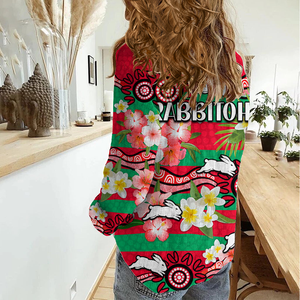 Rabbitohs Rugby Women Casual Shirt Tropical Flowers And Palm Hawaiian Style - Vibe Hoodie Shop
