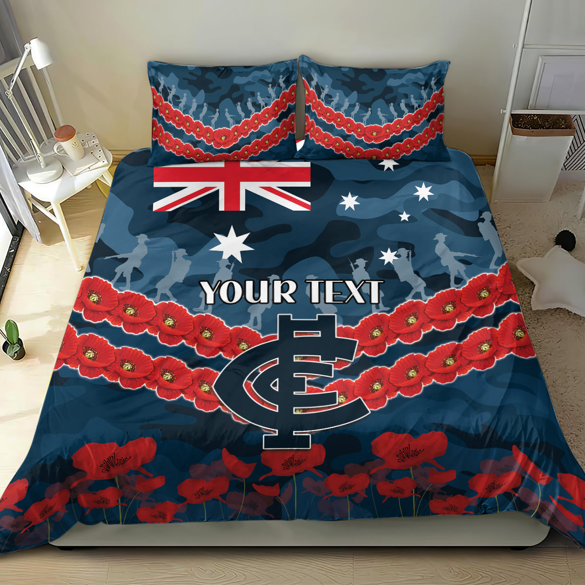 Custom Blues Football Bedding Set ANZAC Lest We Forget - Vibe Hoodie Shop