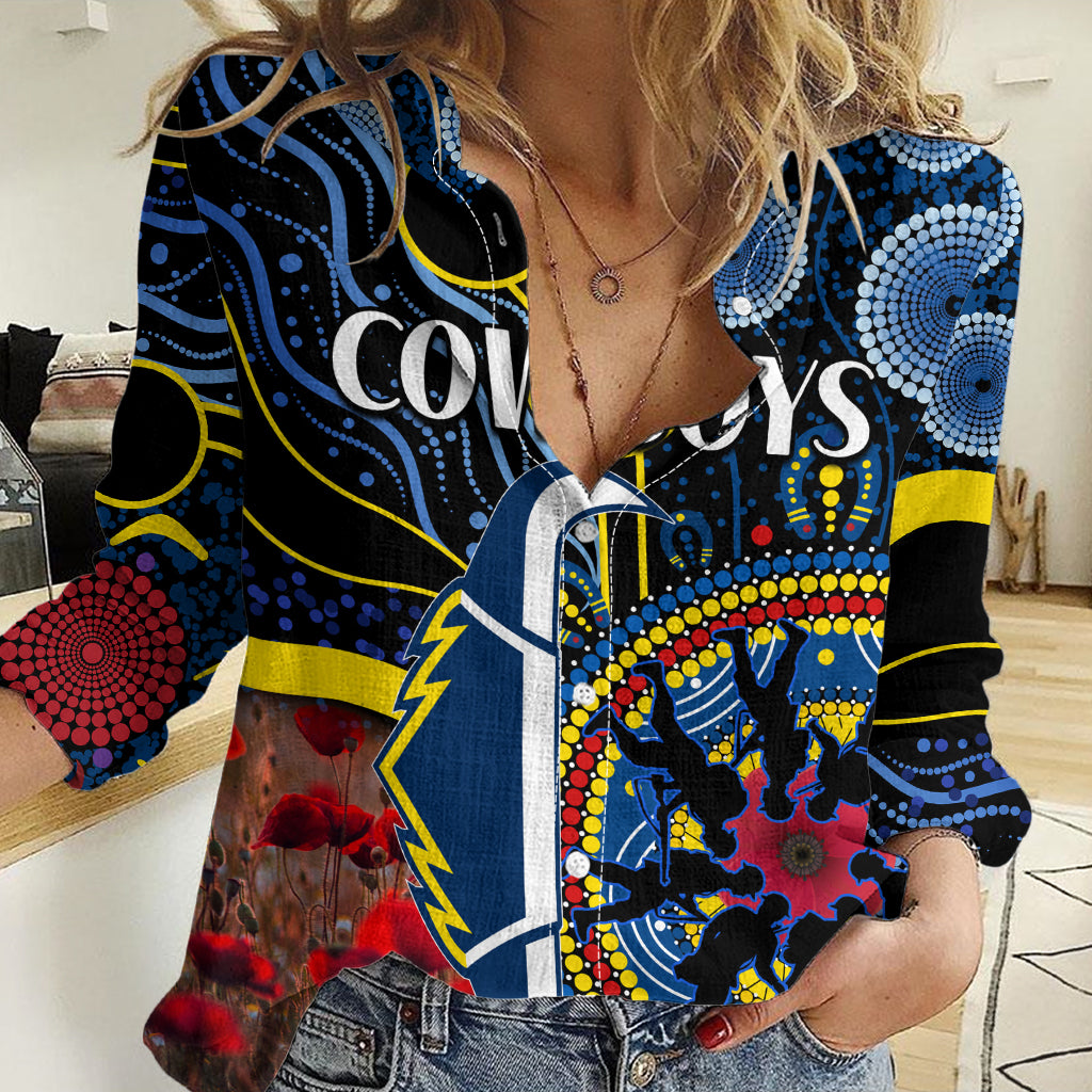 Cowboys Rugby ANZAC Women Casual Shirt Aboriginal Military and Poppy Flowers - Vibe Hoodie Shop