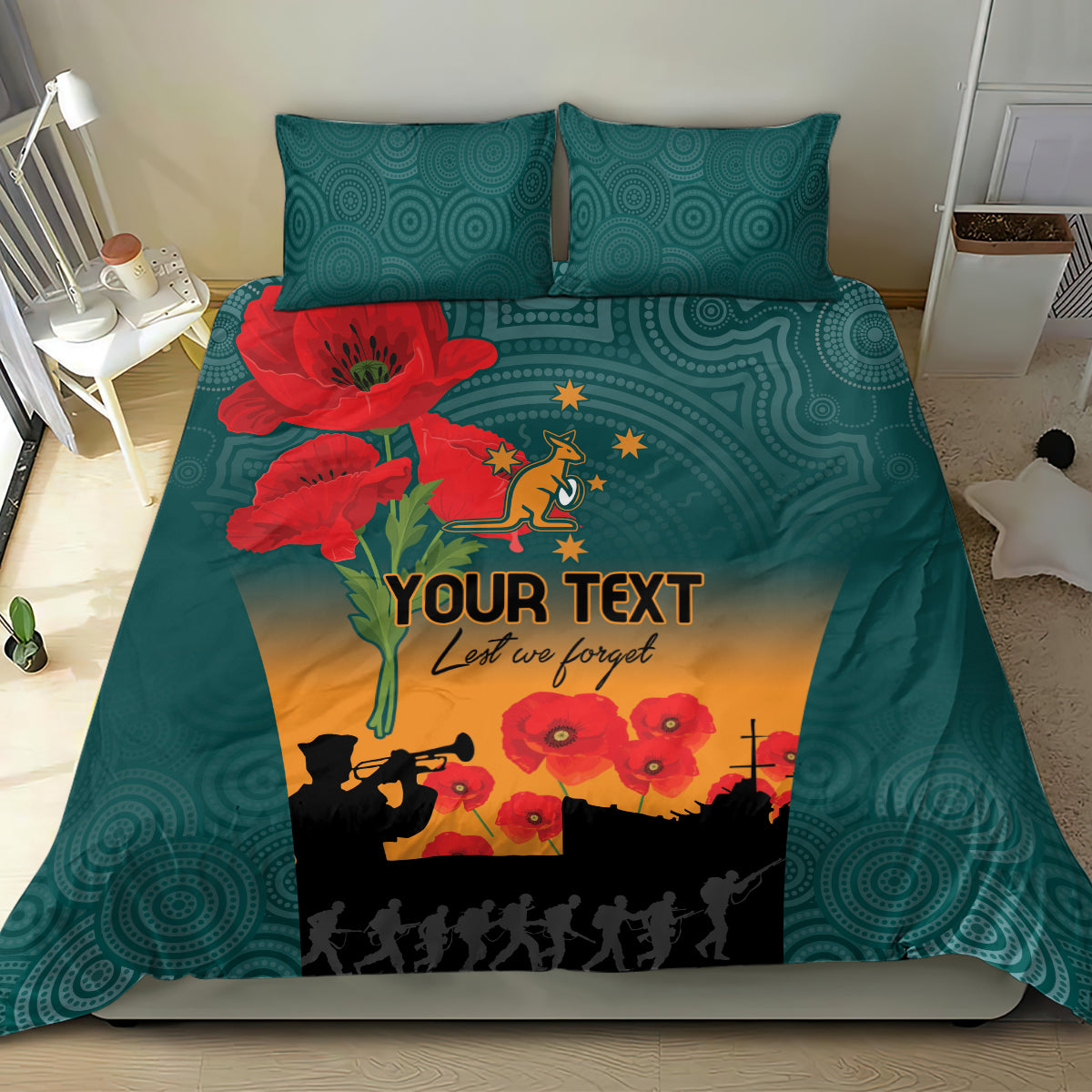Custom Wallaroos Rugby ANZAC Bedding Set Poppy Soldier With Aboriginal Dots Art - Vibe Hoodie Shop