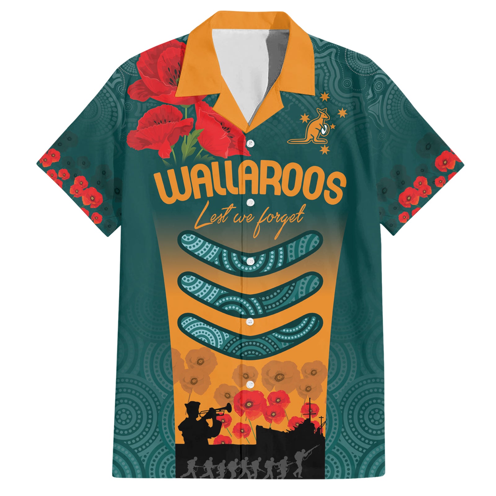 Custom Wallaroos Rugby ANZAC Hawaiian Shirt Poppy Soldier With Aboriginal Dots Art - Vibe Hoodie Shop