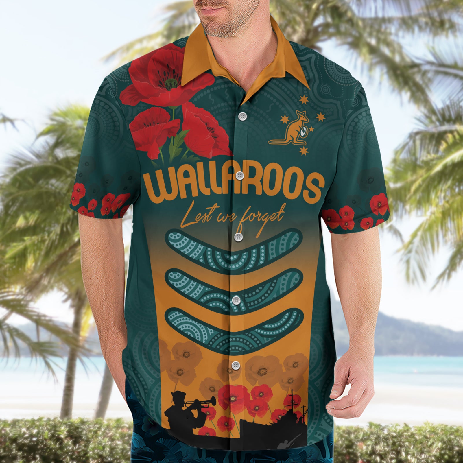 Custom Wallaroos Rugby ANZAC Hawaiian Shirt Poppy Soldier With Aboriginal Dots Art - Vibe Hoodie Shop