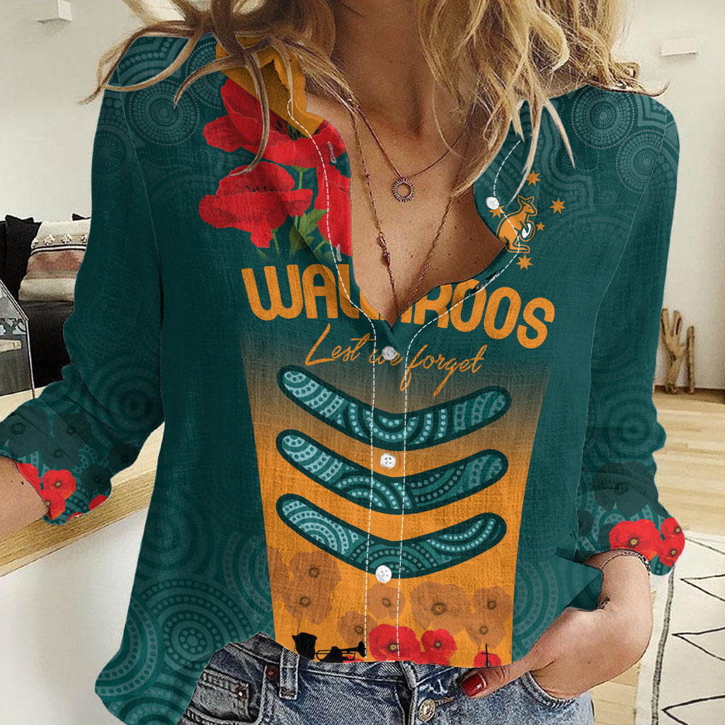 Custom Wallaroos Rugby ANZAC Women Casual Shirt Poppy Soldier With Aboriginal Dots Art - Vibe Hoodie Shop