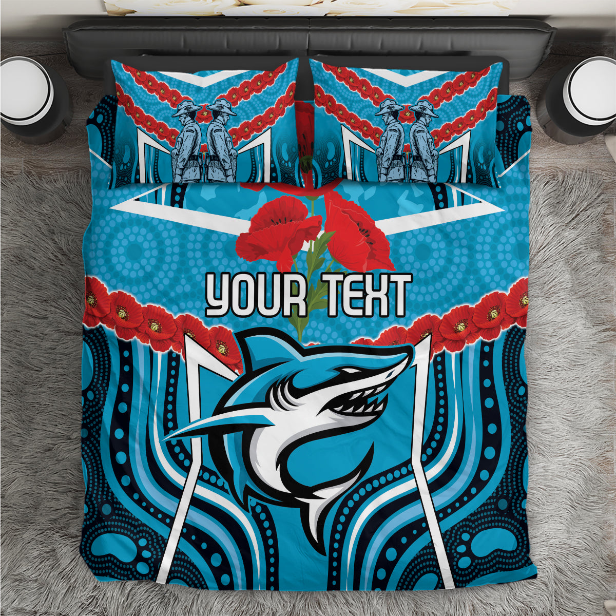 Custom Sharks Rugby ANZAC Bedding Set Gallipoli Soldier With Aboriginal Art - Vibe Hoodie Shop