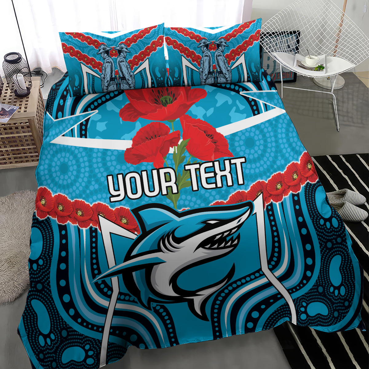 Custom Sharks Rugby ANZAC Bedding Set Gallipoli Soldier With Aboriginal Art - Vibe Hoodie Shop