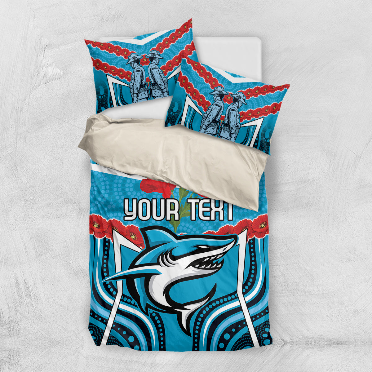 Custom Sharks Rugby ANZAC Bedding Set Gallipoli Soldier With Aboriginal Art - Vibe Hoodie Shop