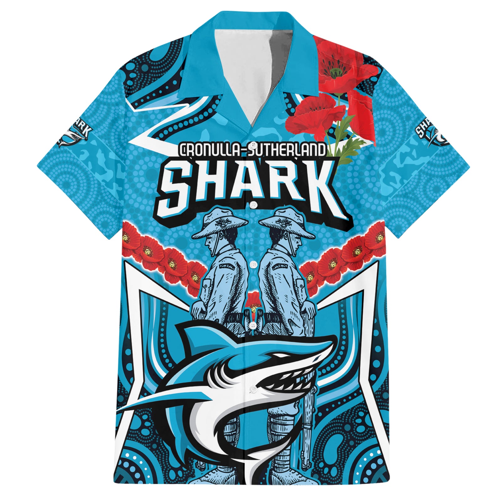 Custom Sharks Rugby ANZAC Hawaiian Shirt Gallipoli Soldier With Aboriginal Art - Vibe Hoodie Shop