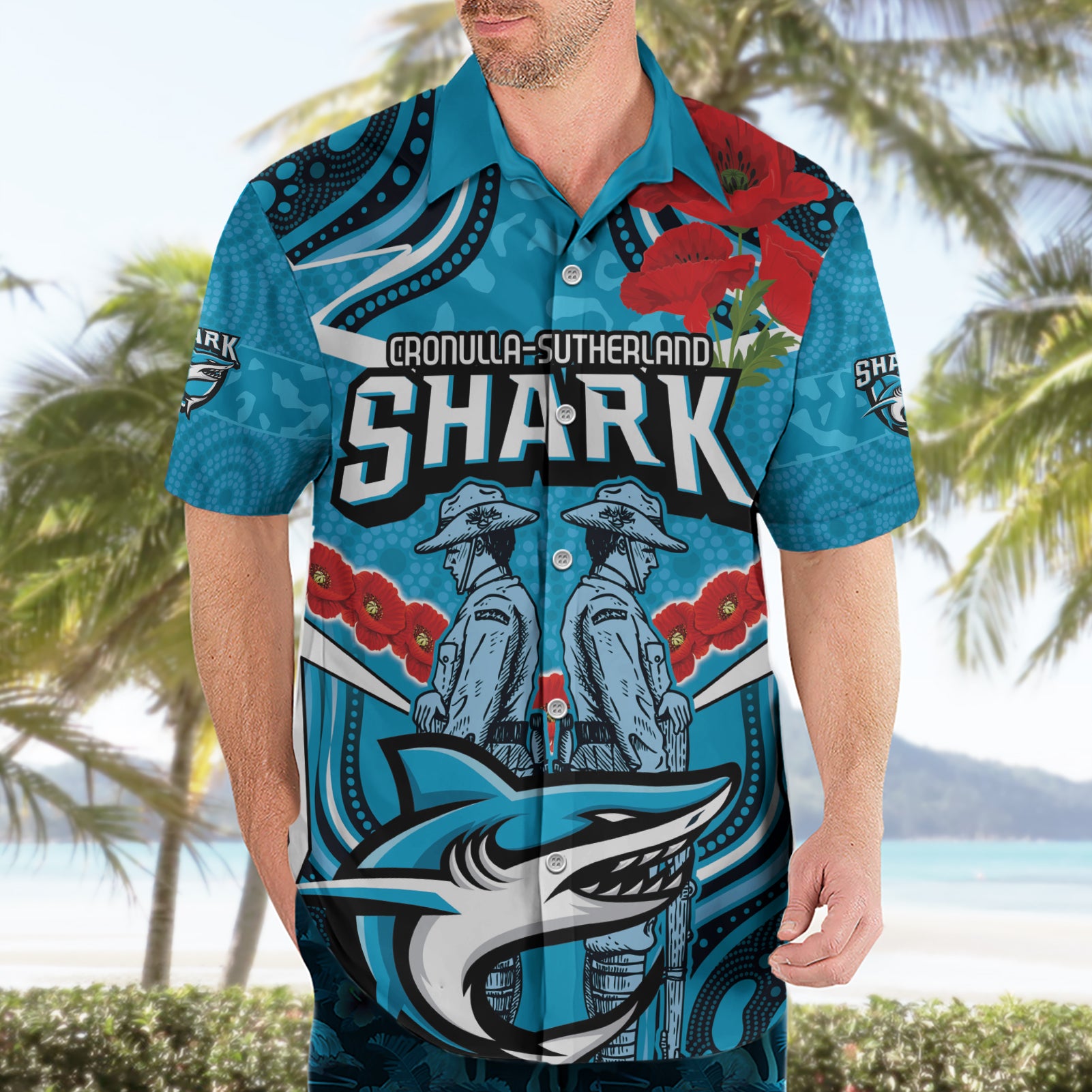 Custom Sharks Rugby ANZAC Hawaiian Shirt Gallipoli Soldier With Aboriginal Art - Vibe Hoodie Shop