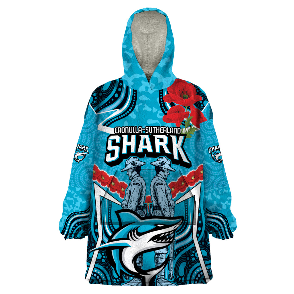 Custom Sharks Rugby ANZAC Wearable Blanket Hoodie Gallipoli Soldier With Aboriginal Art - Vibe Hoodie Shop