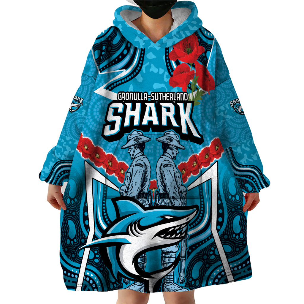 Custom Sharks Rugby ANZAC Wearable Blanket Hoodie Gallipoli Soldier With Aboriginal Art - Vibe Hoodie Shop