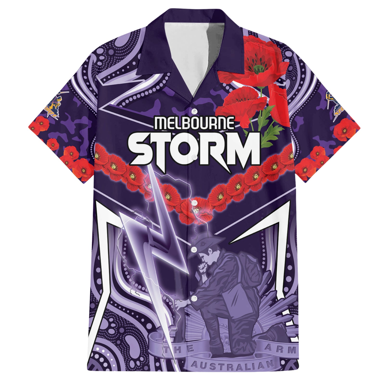 Custom Storm Rugby ANZAC Hawaiian Shirt Melbourne Gallipoli Soldier With Aboriginal Art - Vibe Hoodie Shop