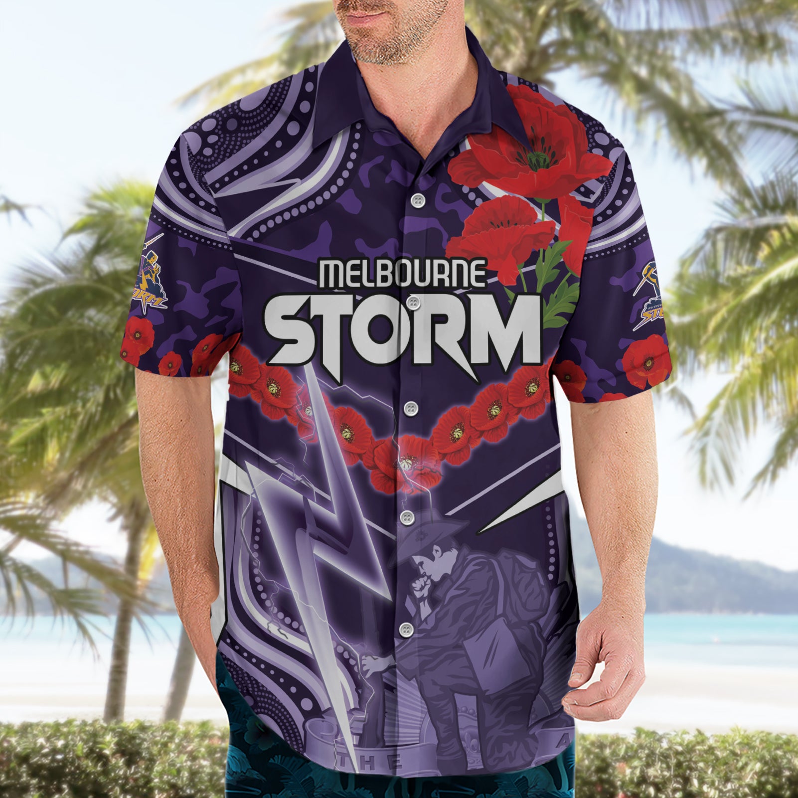 Custom Storm Rugby ANZAC Hawaiian Shirt Melbourne Gallipoli Soldier With Aboriginal Art - Vibe Hoodie Shop