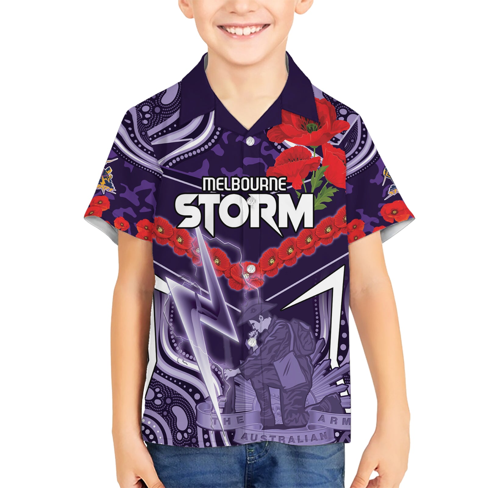 Custom Storm Rugby ANZAC Hawaiian Shirt Melbourne Gallipoli Soldier With Aboriginal Art - Vibe Hoodie Shop