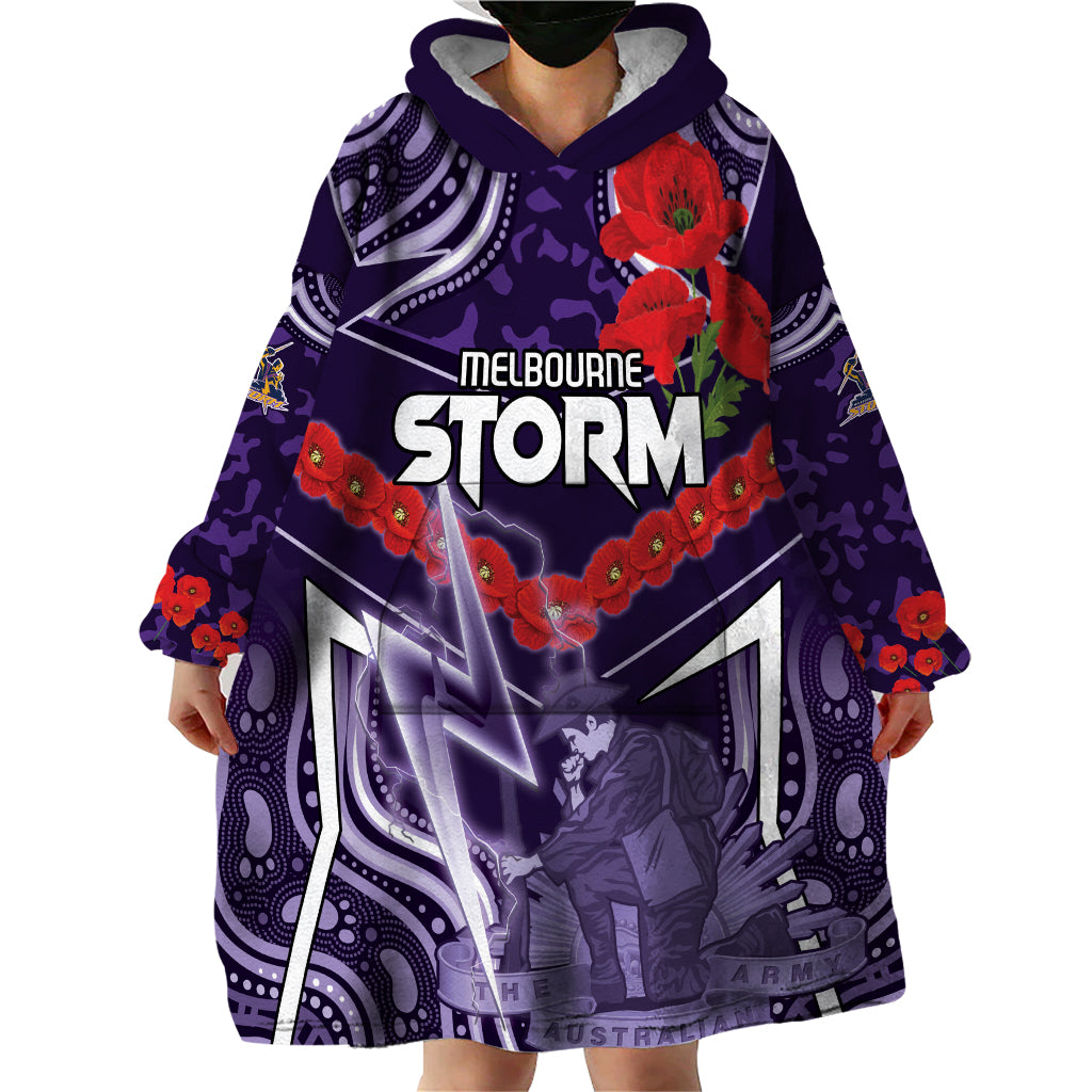 Custom Storm Rugby ANZAC Wearable Blanket Hoodie Melbourne Gallipoli Soldier With Aboriginal Art - Vibe Hoodie Shop