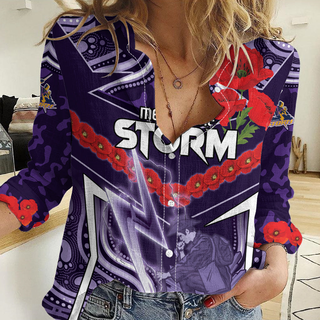 Custom Storm Rugby ANZAC Women Casual Shirt Melbourne Gallipoli Soldier With Aboriginal Art - Vibe Hoodie Shop