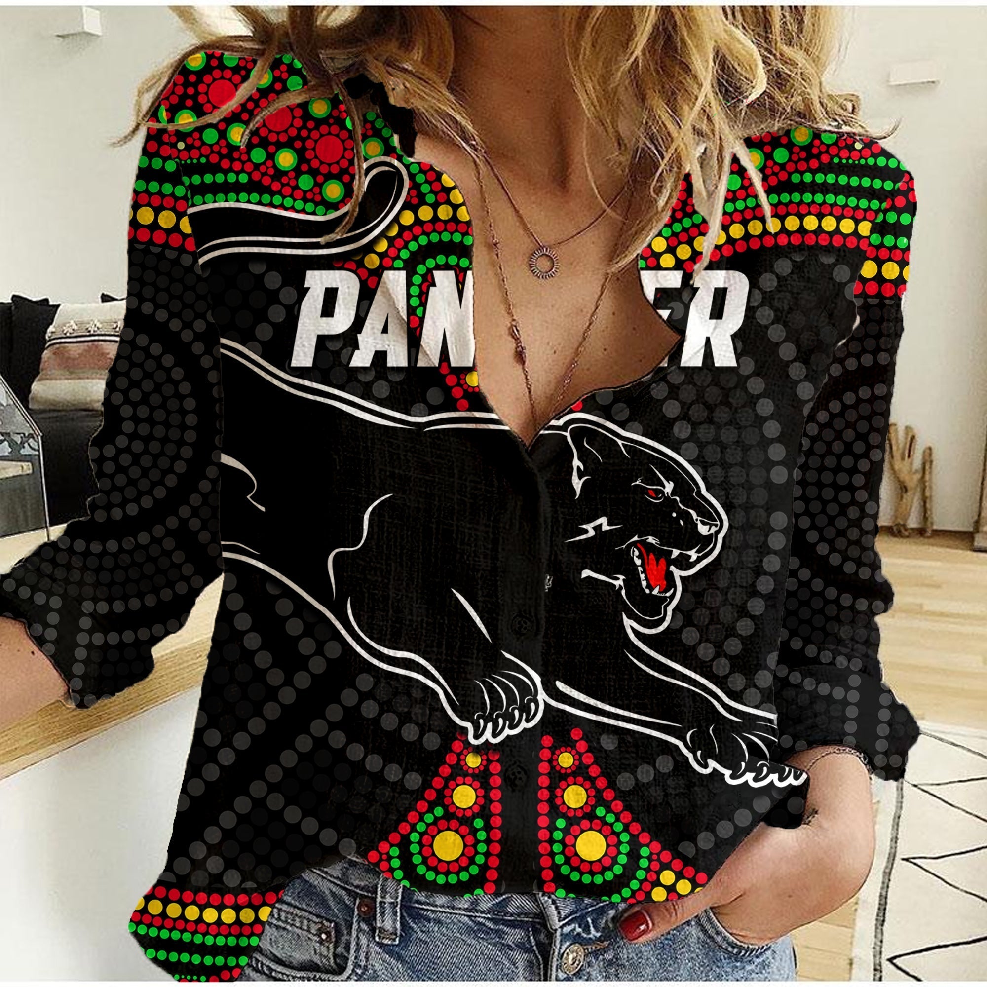 (Custom Text And Number) Panthers Liquorice Allsorts Rugby Aboriginal Women Casual Shirt - Vibe Hoodie Shop