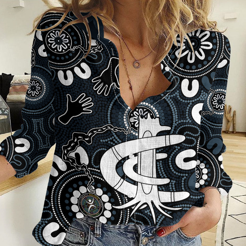 Custom Carlton Blues NAIDOC Week 2024 Women Casual Shirt Fire Burning Aboriginal Dots Art - Vibe Hoodie Shop