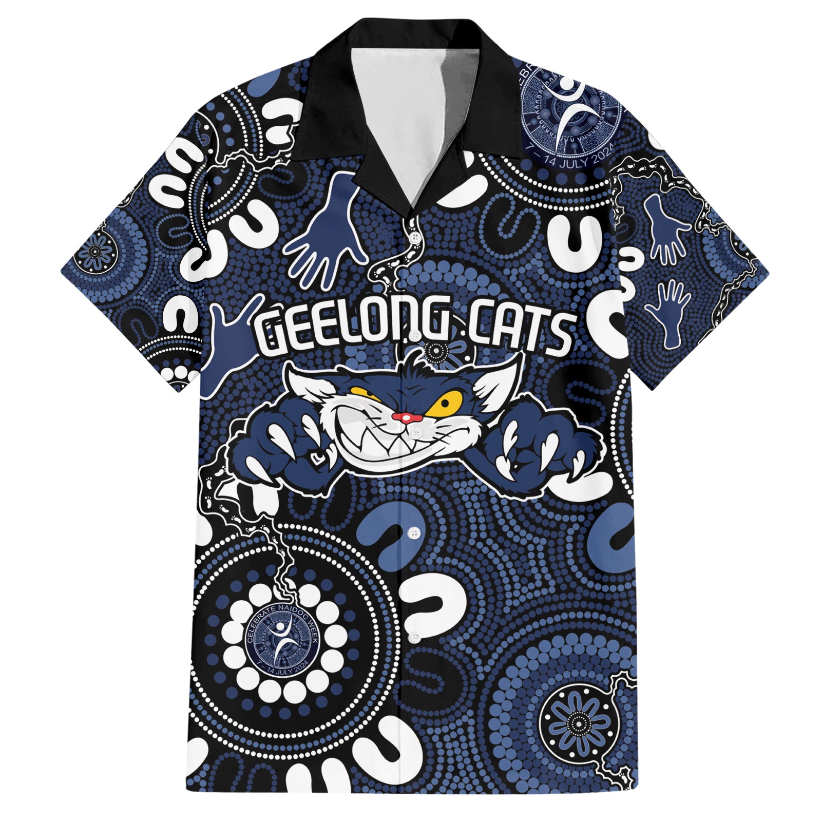 Custom Geelong Cats NAIDOC Week 2024 Hawaiian Shirt Fire Burning Aboriginal Dots Art - Vibe Hoodie Shop