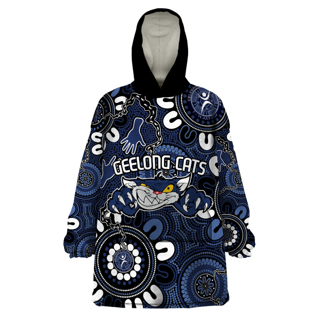 Custom Geelong Cats NAIDOC Week 2024 Wearable Blanket Hoodie Fire Burning Aboriginal Dots Art - Vibe Hoodie Shop