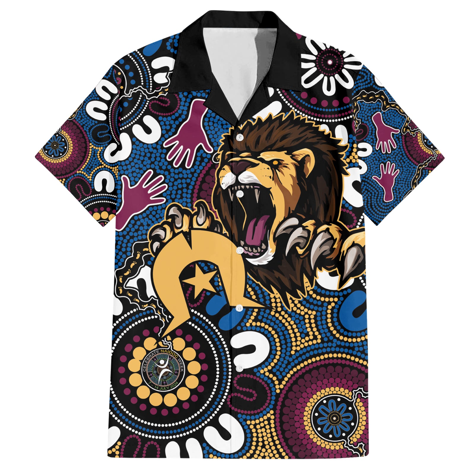 Custom Lions Football NAIDOC Week 2024 Hawaiian Shirt Fire Burning Aboriginal Dots Art - Vibe Hoodie Shop