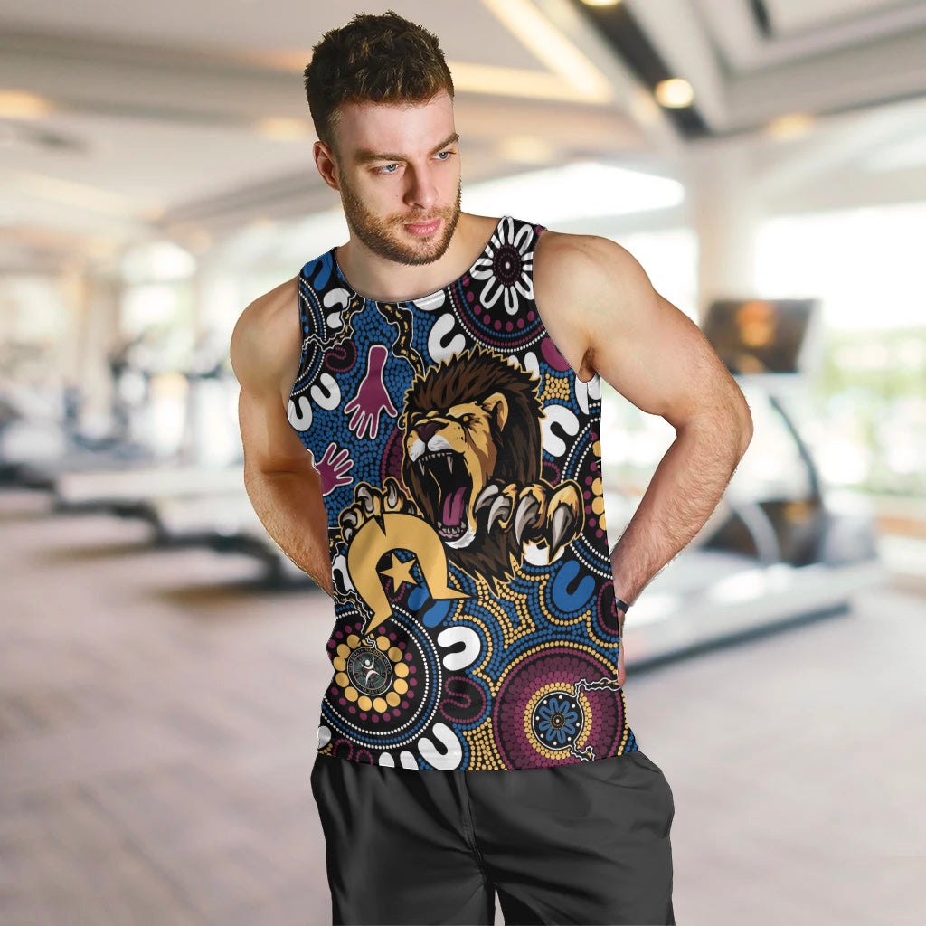 Custom Lions Football NAIDOC Week 2024 Men Tank Top Fire Burning Aboriginal Dots Art - Vibe Hoodie Shop
