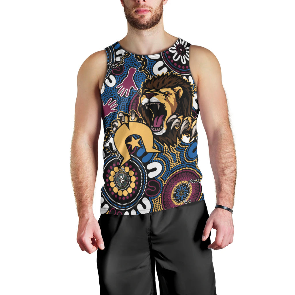 Custom Lions Football NAIDOC Week 2024 Men Tank Top Fire Burning Aboriginal Dots Art - Vibe Hoodie Shop