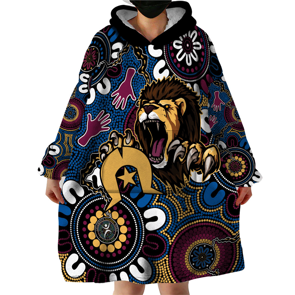 Custom Lions Football NAIDOC Week 2024 Wearable Blanket Hoodie Fire Burning Aboriginal Dots Art - Vibe Hoodie Shop