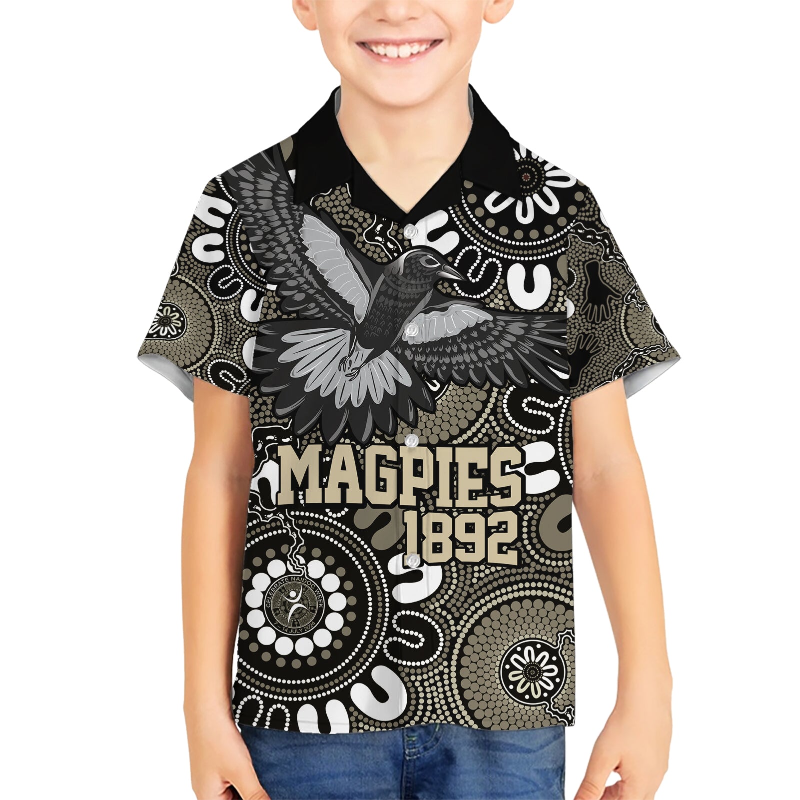 Custom Magpies NAIDOC Week 2024 Hawaiian Shirt Fire Burning Aboriginal Dots Art - Vibe Hoodie Shop