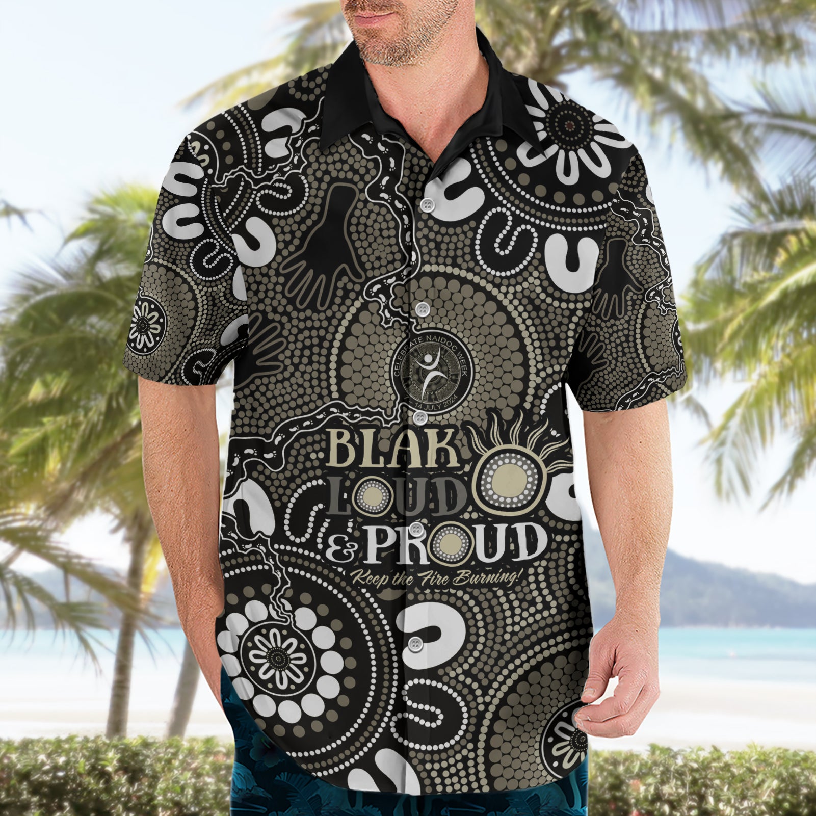 NAIDOC Week 2024 Fire Burning Hawaiian Shirt Aboriginal Dots Black Art - Vibe Hoodie Shop