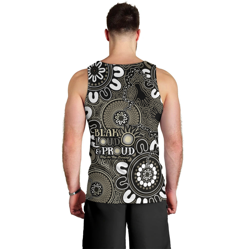 NAIDOC Week 2024 Fire Burning Men Tank Top Aboriginal Dots Black Art - Vibe Hoodie Shop