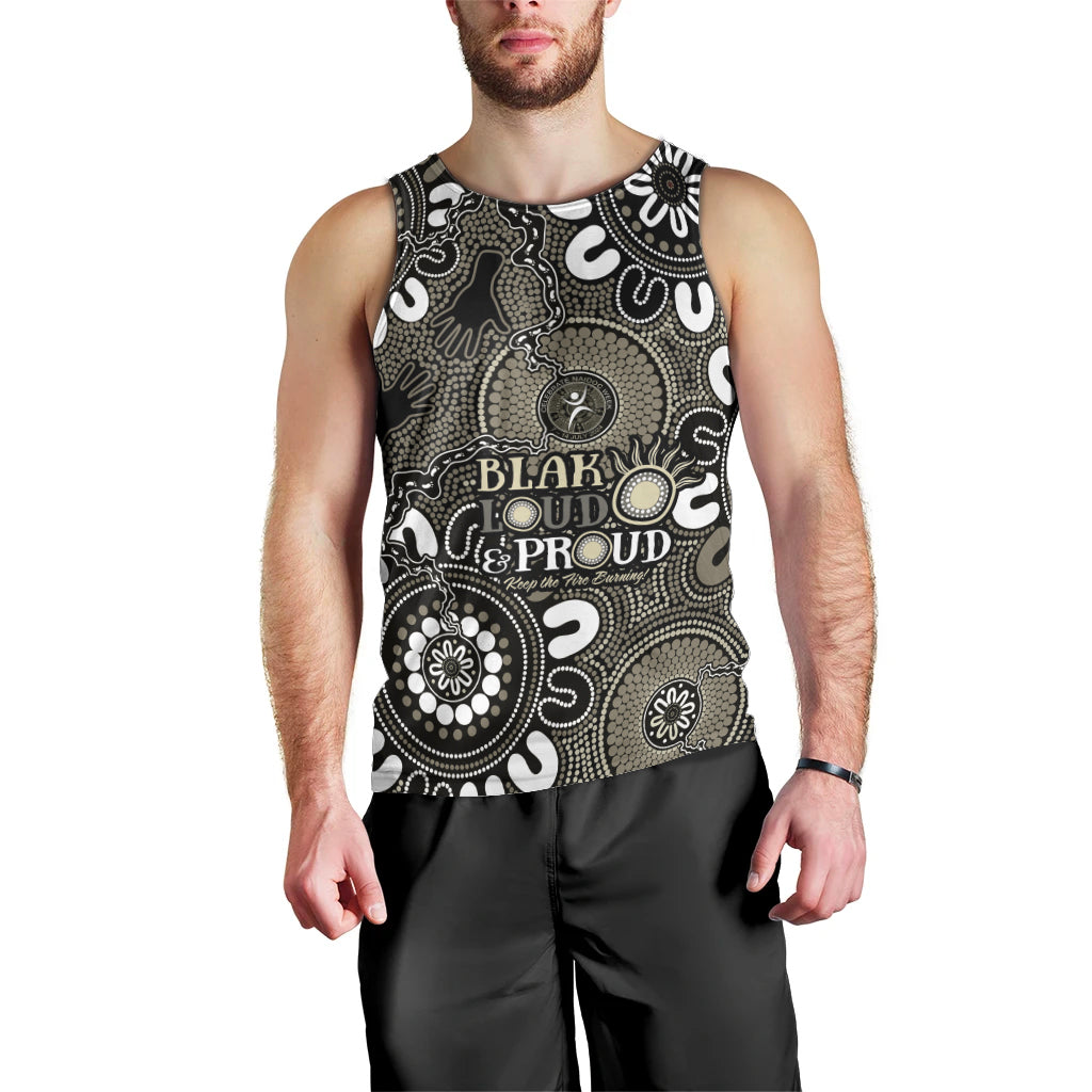NAIDOC Week 2024 Fire Burning Men Tank Top Aboriginal Dots Black Art - Vibe Hoodie Shop