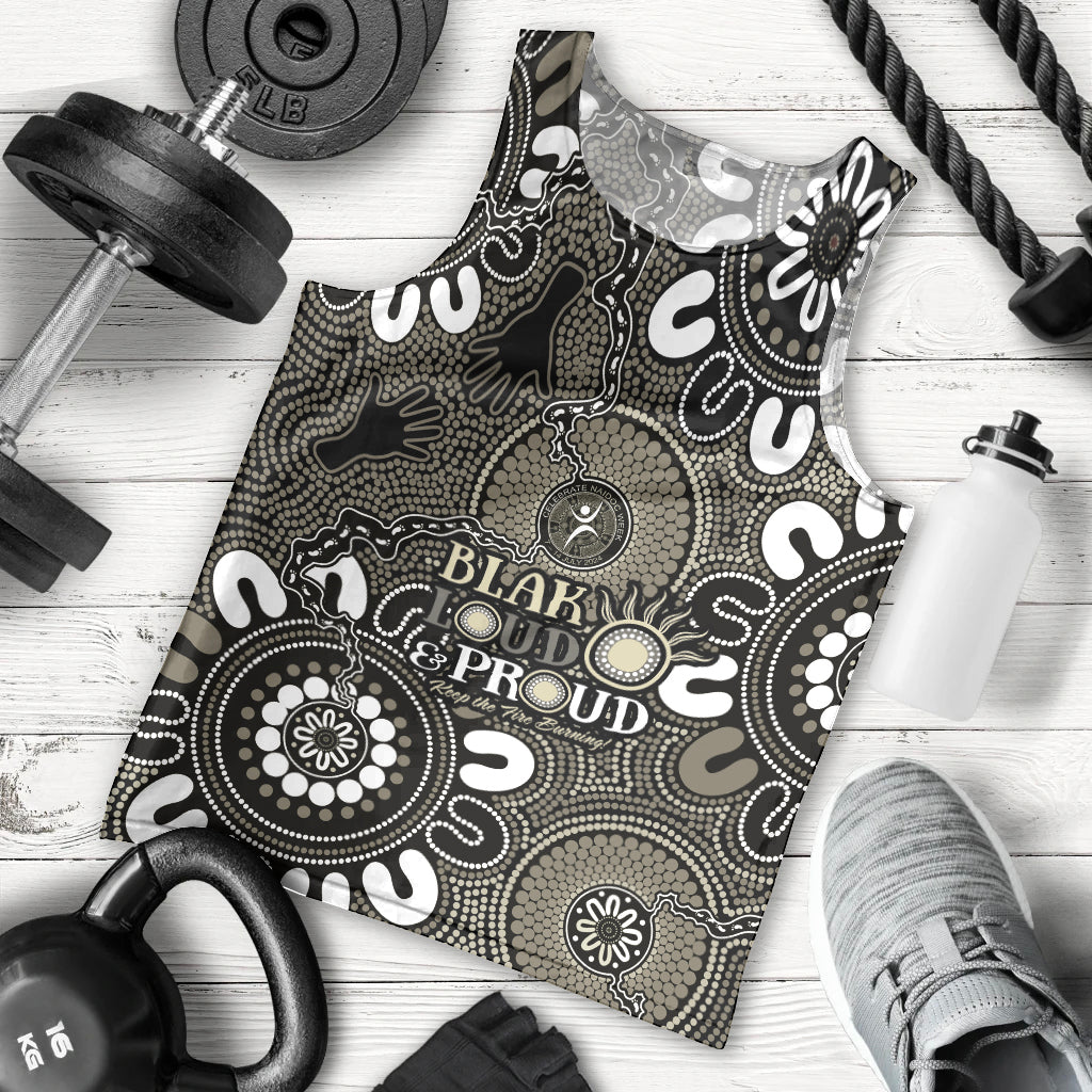 NAIDOC Week 2024 Fire Burning Men Tank Top Aboriginal Dots Black Art - Vibe Hoodie Shop