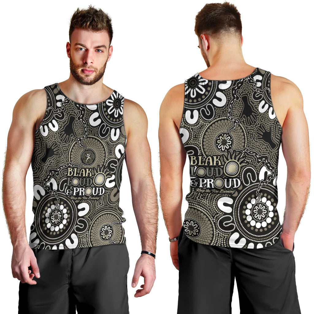 NAIDOC Week 2024 Fire Burning Men Tank Top Aboriginal Dots Black Art - Vibe Hoodie Shop