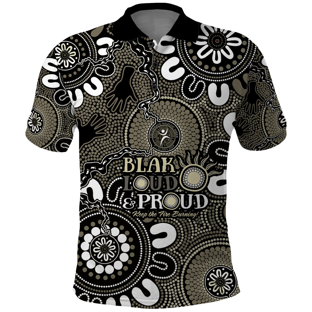 NAIDOC Week 2024 Fire Burning Polo Shirt Aboriginal Dots Black Art LT9 - Vibe Hoodie Shop