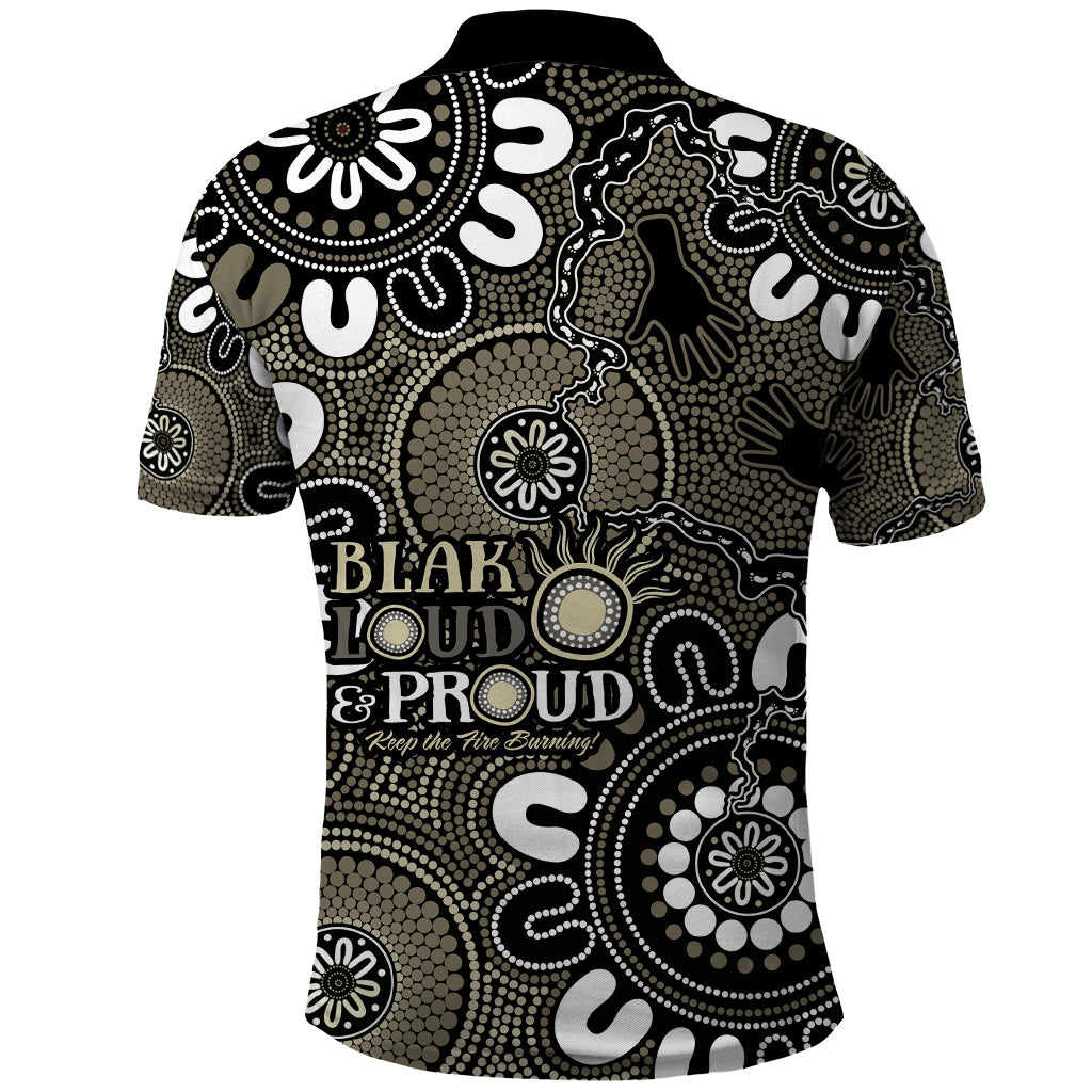 NAIDOC Week 2024 Fire Burning Polo Shirt Aboriginal Dots Black Art LT9 - Vibe Hoodie Shop