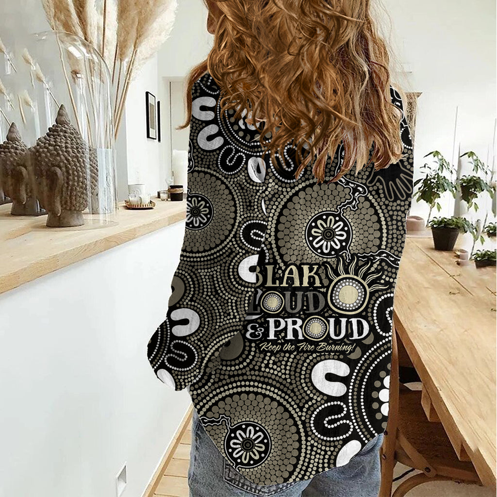 NAIDOC Week 2024 Fire Burning Women Casual Shirt Aboriginal Dots Black Art - Vibe Hoodie Shop