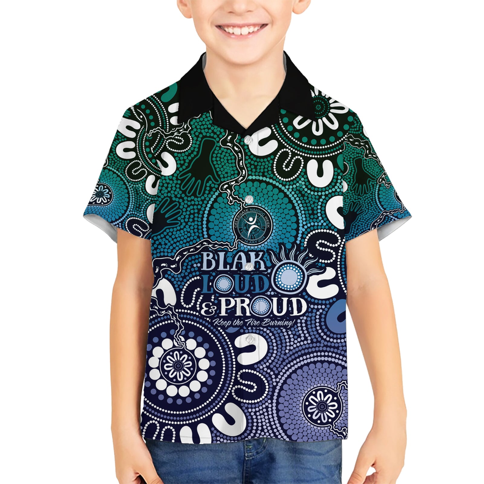 NAIDOC Week 2024 Fire Burning Hawaiian Shirt Aboriginal Dots Blue Art - Vibe Hoodie Shop