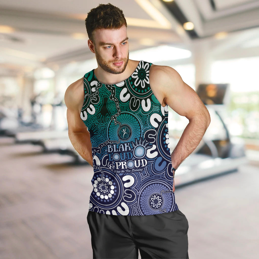 NAIDOC Week 2024 Fire Burning Men Tank Top Aboriginal Dots Blue Art - Vibe Hoodie Shop