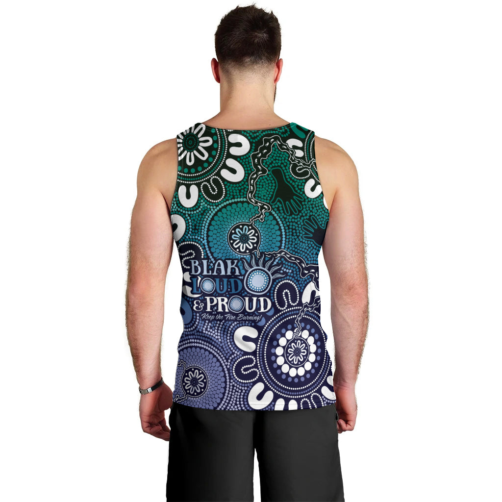 NAIDOC Week 2024 Fire Burning Men Tank Top Aboriginal Dots Blue Art - Vibe Hoodie Shop