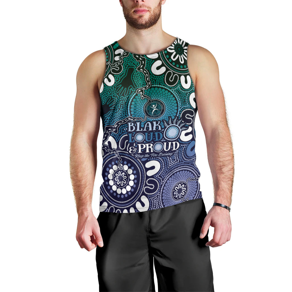 NAIDOC Week 2024 Fire Burning Men Tank Top Aboriginal Dots Blue Art - Vibe Hoodie Shop
