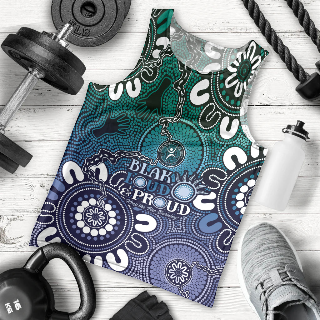 NAIDOC Week 2024 Fire Burning Men Tank Top Aboriginal Dots Blue Art - Vibe Hoodie Shop