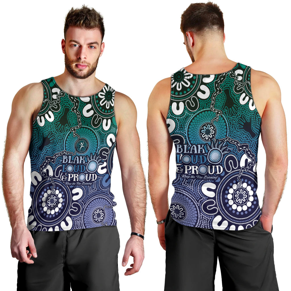 NAIDOC Week 2024 Fire Burning Men Tank Top Aboriginal Dots Blue Art - Vibe Hoodie Shop